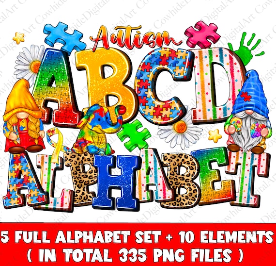 Autism Awareness Alphabet PNG Bundle, Doodle Letters Clip Art