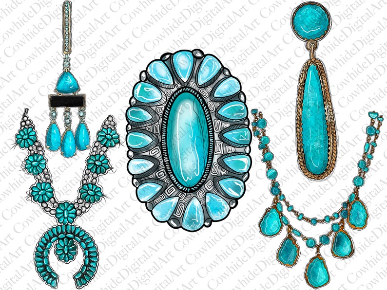 May include: A set of turquoise jewellery featuring a large statement necklace, a pair of earrings, and a brooch. The jewellery is made with silver and turquoise stones, and has a southwestern style.