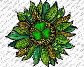May include: A green four-leaf clover in the center of a sunflower with green and gold petals. The sunflower has a leopard print center.