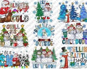 Może przedstawiać: Kolekcja cyfrowych ilustracji przedstawiających bałwany, choinki i płatki śniegu z napisami takimi jak Always Cold, Let It Snow, Baby It's Cold Outside, Chill Sis, Chill Dude oraz Fellin A Little Frosty w różnych kolorowych wzorach.