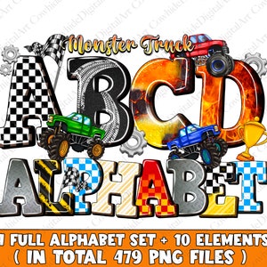 Pacote de arquivos PNG do alfabeto Monster Truck, letras PNG do doodle Monster Truck, letras PNG do aluno, download de designs de sublimação