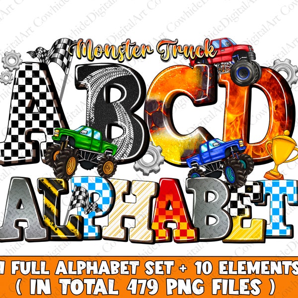 Monster Truck alphabet png files bundle, Monster Truck doodle letters png, Student letters png, sublimate designs download