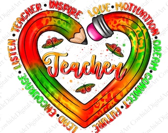 Può includere: Un design a forma di cuore con una matita avvolta intorno. La matita è rossa, arancione, gialla e verde. Il cuore è pieno di un motivo a stampa leopardata. Le parole "Teacher", "Inspire", "Love", "Motivation", "Dream", "Connect", "Future", "Lead", "Encourage", "Listen", e "Teacher" sono scritte intorno al cuore.