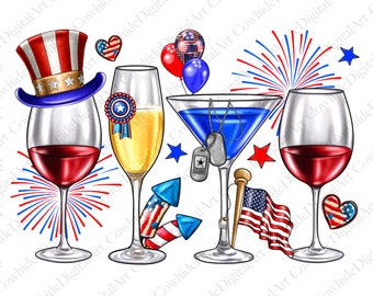 4th of July Wine Glasses PNG, Independence Day Sublimation (Digital Download)