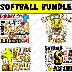 May include: A digital download bundle of four softball-themed designs. The designs feature a skull with a softball hat, a cross with a softball, a softball with the word "softball" and a design with the words "Raising Ballers".