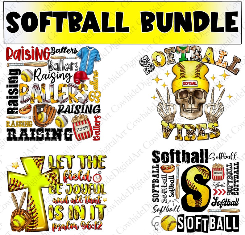 May include: A digital download bundle of four softball-themed designs. The designs feature a skull with a softball hat, a cross with a softball, a softball with the word "softball" and a design with the words "Raising Ballers".