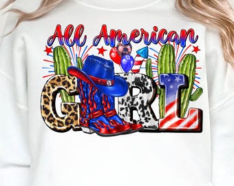 All American Girl PNG, 4th of July, Western Boots (Sublimation Download)