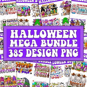 May include: A collection of Halloween-themed designs, including ghosts, gnomes, and pumpkins. The designs are displayed on a white background. A purple rectangle in the center reads "HALLOWEEN MEGA BUNDLE 385 DESIGN PNG".