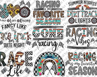 May include: A collection of digital designs featuring checkered flags, racing themes, and inspirational quotes. The designs include phrases like "Racing is my favorite season", "Gone Racing", "Race Life", and "Summer Nights & Dirt Track Lights".