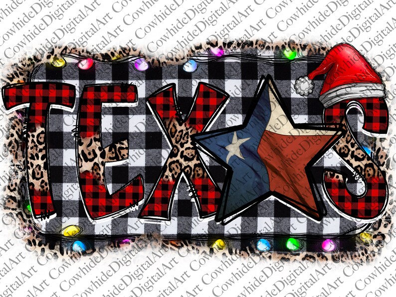 K&ouml;nnte beinhalten: Ein rot-schwarzes Buffalo-Karomuster mit dem Wort "TEXAS" in wei&szlig;en Buchstaben. Die Buchstaben sind mit einem Leopardenmuster und einem Stern mit der Flagge von Texas verziert. Das Design ist von einem schwarz-wei&szlig;en Karomuster und einer Lichterkette umgeben.