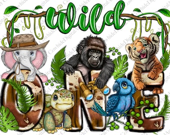 Wild One Safari Tiere PNG, 1. Geburtstag Sublimation (Digitaler Download)