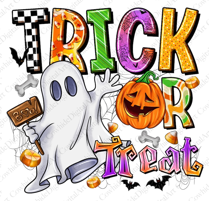 May include: A colourful illustration of a ghost holding a sign that says "Boo!" with a pumpkin, candy corn, and bats. The text "Trick or Treat" is in large, colourful letters.
