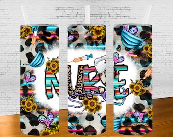 May include: A set of three stainless steel tumblers with a colorful design featuring the word "NURSE" in a bold font. The design includes a variety of medical symbols, sunflowers, and a leopard print pattern.