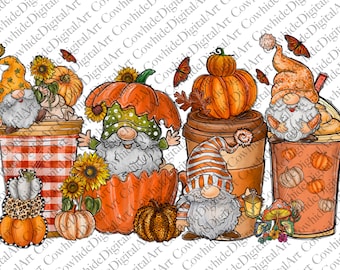 May include: Four gnomes dressed in fall colors are holding mugs filled with pumpkin spice lattes. The gnomes are surrounded by pumpkins, sunflowers, and fall leaves.