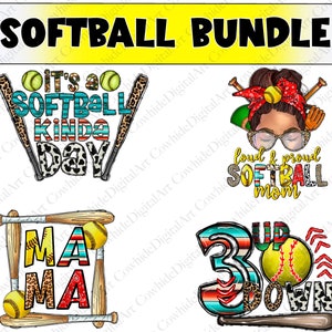 May include: A digital download bundle of four softball-themed designs. The designs feature baseball bats, baseballs, and text. The text includes "It's a Softball Kinda Day", "Mama", "3 Up Down", and "Loud & Proud Softball Mom".