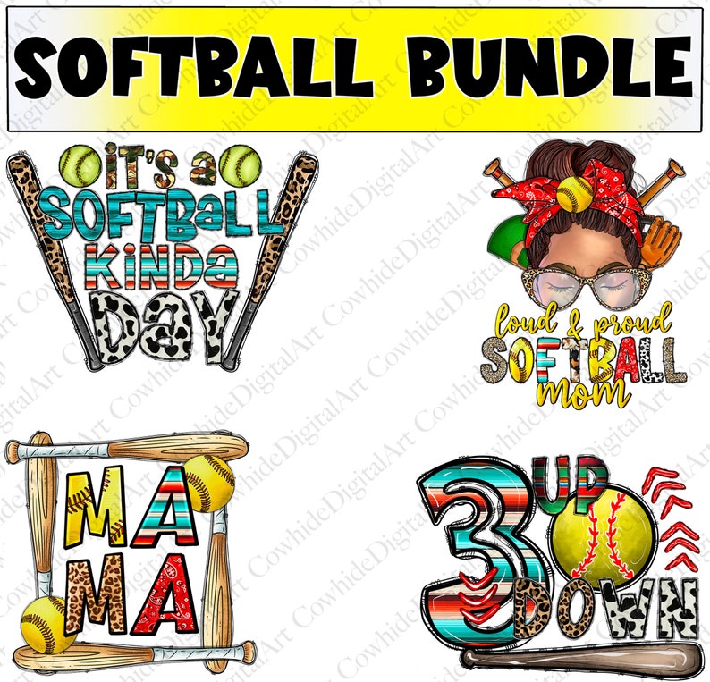 May include: A digital download bundle of four softball-themed designs. The designs feature baseball bats, baseballs, and text. The text includes "It's a Softball Kinda Day", "Mama", "3 Up Down", and "Loud & Proud Softball Mom".