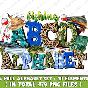 Pacote de alfabeto de pesca PNG, letras, números e acessórios PNG de pesca, design de sublimação de pesca, fonte de pesca png, designs de pesca