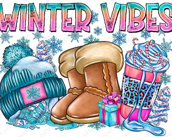 May include: Winter Vibes graphic design featuring a blue beanie with a snowflake, brown winter boots, a pink and blue gift box, and a pink and blue cup with whipped cream and candy canes.