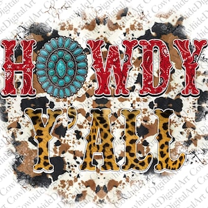 Western Howdy y’all Png, Leopard, Cowhide, Sublimation Design, Digital Download, Western Png, PNG File, Bandana, Gemstone Turquoise png