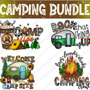 K&ouml;nnte beinhalten: Ein digitales Kunstpaket mit Camping-Motiven. Die Designs zeigen einen Wohnwagen, ein Lagerfeuer, eine Kaffeetasse und Text, der "Camp Life", "Back That Thing Up", "Welcome to our Campsite" und "fires friends drinks camping crew" lautet.