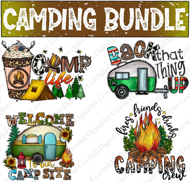 K&ouml;nnte beinhalten: Ein digitales Kunstpaket mit Camping-Motiven. Die Designs zeigen einen Wohnwagen, ein Lagerfeuer, eine Kaffeetasse und Text, der "Camp Life", "Back That Thing Up", "Welcome to our Campsite" und "fires friends drinks camping crew" lautet.