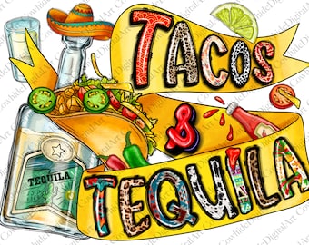 May include: A yellow banner with the words "Tacos & Tequila" in colorful, patterned letters. The banner is decorated with a taco, a bottle of tequila, a lime wedge, and a bottle of hot sauce.