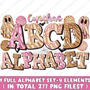 May include: A set of 277 digital images featuring a pink and brown alphabet with a concha pattern. The letters are arranged in a whimsical design with bats and spiderwebs. The text "Conchas Alphabet" is displayed above the letters.