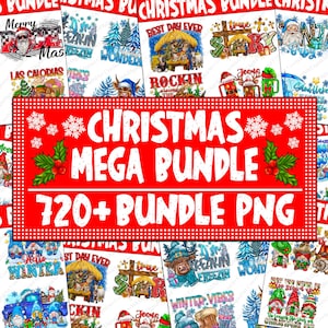 May include: A red and white banner with the text "Christmas Mega Bundle 720+ Bundle PNG" in white. The banner is surrounded by a collage of colorful Christmas-themed images, including gnomes, Santa Claus, and winter scenes.