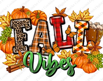Fall Vibes Pumpkins PNG, Autumn Leaves Sublimation Design (Digital Download)