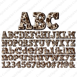 May include: A brown and white cowhide patterned alphabet with uppercase and lowercase letters, numbers, and symbols. The letters are in a bold, blocky font.
