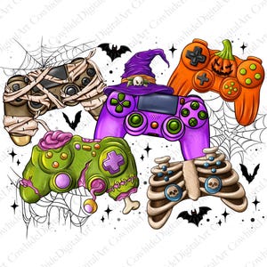 May include: Five Halloween-themed video game controllers. The controllers are decorated with spooky designs, including a mummy, a skeleton, a pumpkin, a zombie, and a witch's hat. The controllers are arranged on a white background with a spiderweb design.