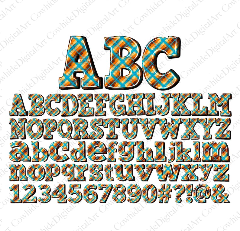 May include: A colorful alphabet with uppercase and lowercase letters, numbers, and symbols. The letters are in a plaid pattern with orange, blue, and yellow colors.