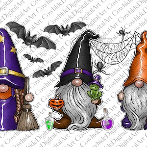 May include: Three Halloween gnomes, one wearing a purple witch hat and holding a broom, another wearing a black witch hat and holding a frog, and the third wearing an orange hat and holding a sign that says "Trick or Treat".