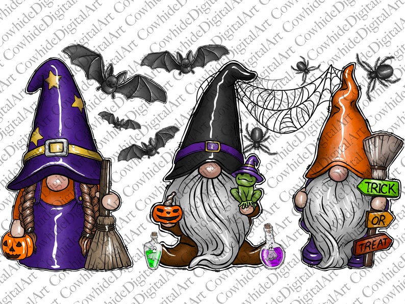 May include: Three Halloween gnomes, one wearing a purple witch hat and holding a broom, another wearing a black witch hat and holding a frog, and the third wearing an orange hat and holding a sign that says "Trick or Treat".