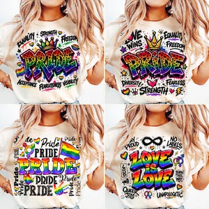 Könnte beinhalten: Eine Collage aus vier cremefarbenen T-Shirts mit bunten Grafikdrucken. Die Designs zeigen die Wörter PRIDE und LOVE IS LOVE in regenbogenfarbener Graffiti-Schrift, ergänzt durch Symbole wie Kronen, Herzen und Flaggen.