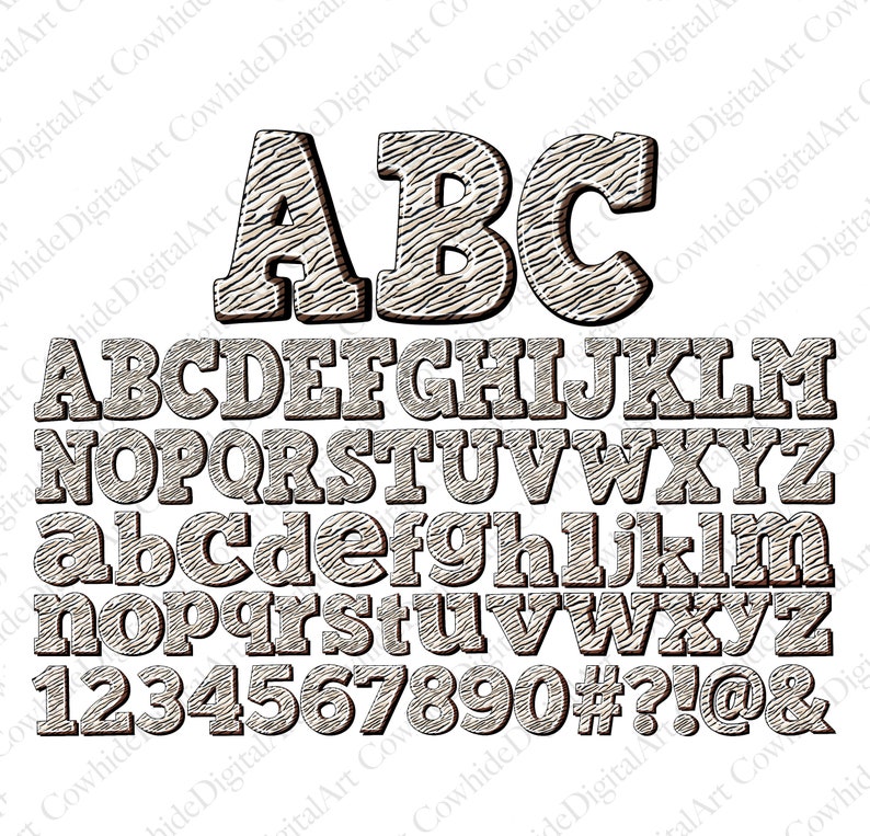 May include: A zebra print font alphabet with uppercase and lowercase letters, numbers, and symbols. The letters are in a bold, blocky style.