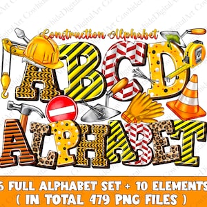 Pacote de alfabeto de rabiscos de construção PNG, letras, números e acessórios PNG de construção, design de sublimação de construção, construção