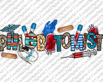 Könnte beinhalten: Buntes Wortkunstwerk, das "PHLEBATONIST" buchstabiert, mit einer Vielzahl von Mustern und Texturen. Die Wortkunst ist von medizinischen Utensilien umgeben, darunter ein Stethoskop, Verbände, Blutfläschchen, eine Spritze und ein Blutbeutel.