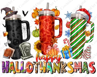 May include: Three colorful stainless steel tumblers with lids and handles. The tumblers are decorated with Halloween, Thanksgiving, and Christmas themes. The text "happy HALLOTHANKSMAS" is displayed below the tumblers.