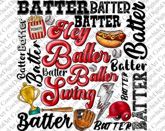 May include: A white background with red and black text that says "Batter" multiple times. There are baseball-themed images such as a baseball, a baseball bat, a baseball glove, a hot dog, a trophy, a lightning bolt, and a box of peanuts.