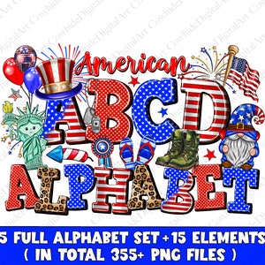 Alfabeto patriótico (Png), Alfabeto del 4 de julio (Png), Letras doodle (Png), Rojo, Blanco y Azul (Png), Letras prediseñadas (Png), descarga sublimada