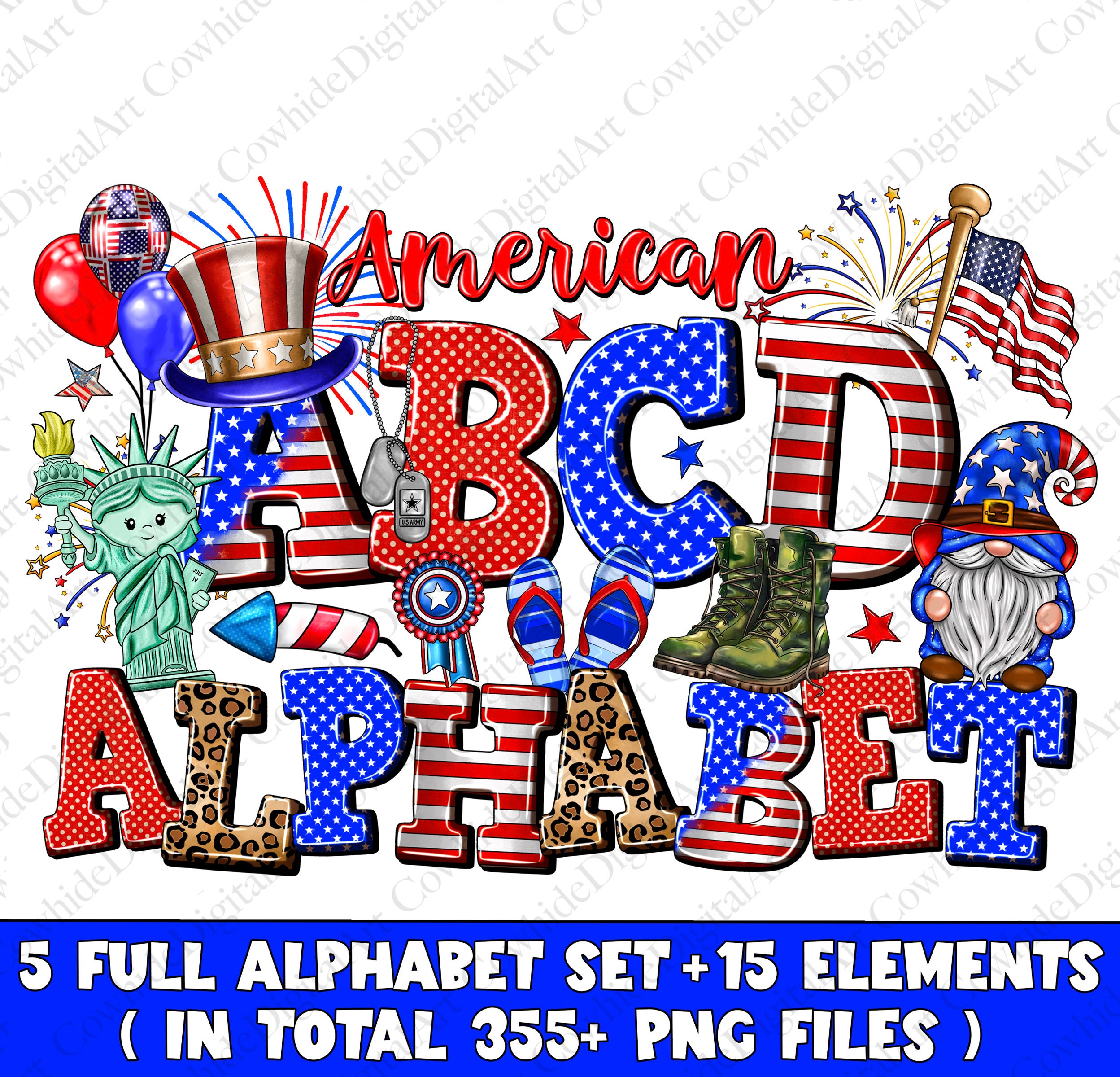 Patriotic Alphabet PNG Bundle, 4th of July Doodle Letters (digital ...