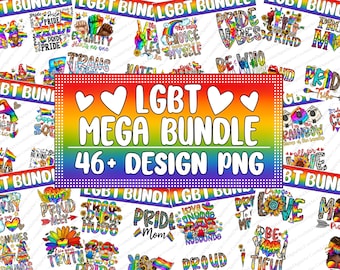 May include: A colorful digital download bundle of 46+ LGBTQ+ pride designs. The designs feature rainbows, hearts, and text such as "Pride", "LGBT", "Be Kind", and "Free Hugs".