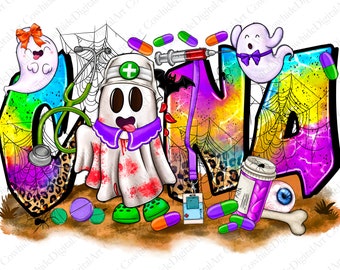 May include: A colourful graphic design featuring the word "ONA" with a ghost wearing a nurse's hat and a stethoscope. The design includes a spider web, pills, a syringe, and a bat.