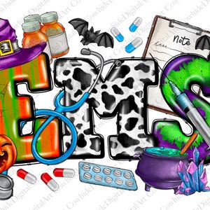 May include: Halloween themed graphic design featuring the letters "EMS" with a witch's hat, a stethoscope, a cauldron, a syringe, and pills. The letters are decorated with a cow print pattern, green and orange stripes, and a green and purple swirl.