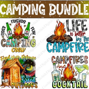K&ouml;nnte beinhalten: Ein digitales Kunstpaket mit vier Designs zum Thema Camping. Die Designs beinhalten ein Lagerfeuer mit dem Text "Friends Fun Camping Crew", ein Lagerfeuer mit dem Text "Life is better by the campfire", eine Au&szlig;entoilette mit dem Text "Find your release in the great outdoors" und ein Lagerfeuer mit dem Text "Campfires and Cocktail".