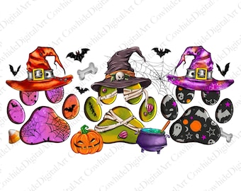 May include: Three Halloween-themed paw prints with witch hats, candy corn, a pumpkin, and a cauldron. The paw prints are in shades of purple, green, and orange.