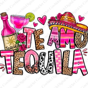 Op de afbeelding: Een kleurrijk grafisch ontwerp met de tekst "TE AMO TEQUILA" in roze, gele en zwarte letters met verschillende patronen. Het ontwerp bevat een roze margarita-glas, een fles tequila, een sombrero en harten.