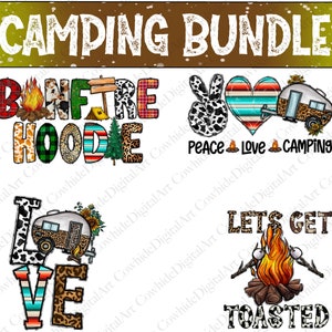 K&ouml;nnte beinhalten: Ein digitales Kunstpaket mit f&uuml;nf Designs zum Thema Camping. Die Designs beinhalten einen Wohnwagen, ein Lagerfeuer, ein Peace-Zeichen, ein Herz und die Worte "Bonfire Hoodie", "Peace Love Camping" und "Let's Get Toasted".