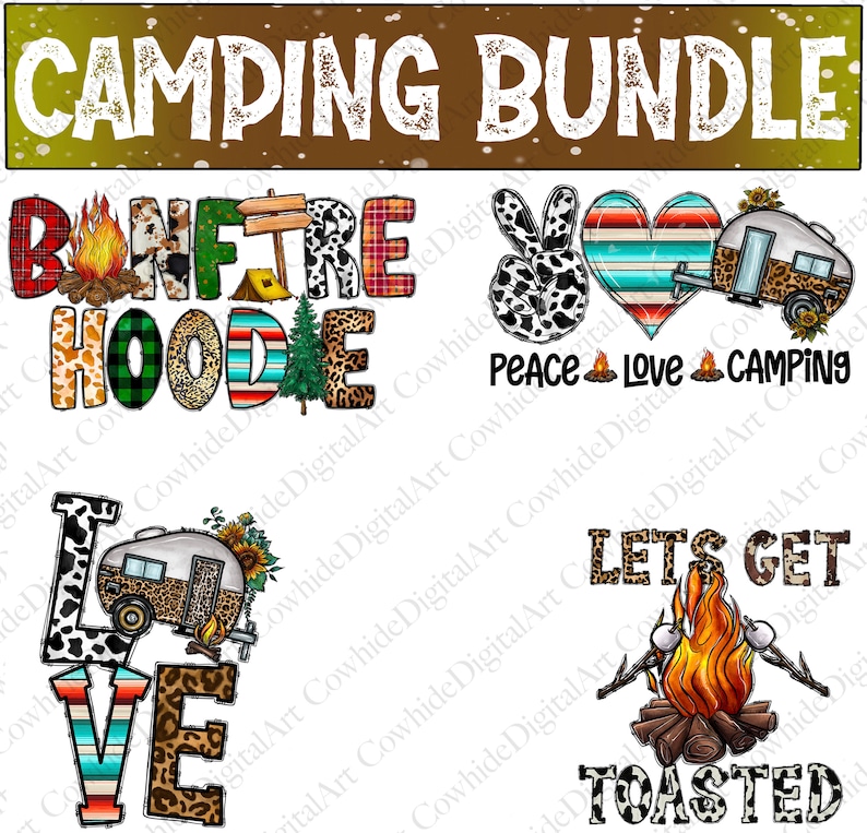 K&ouml;nnte beinhalten: Ein digitales Kunstpaket mit f&uuml;nf Designs zum Thema Camping. Die Designs beinhalten einen Wohnwagen, ein Lagerfeuer, ein Peace-Zeichen, ein Herz und die Worte "Bonfire Hoodie", "Peace Love Camping" und "Let's Get Toasted".